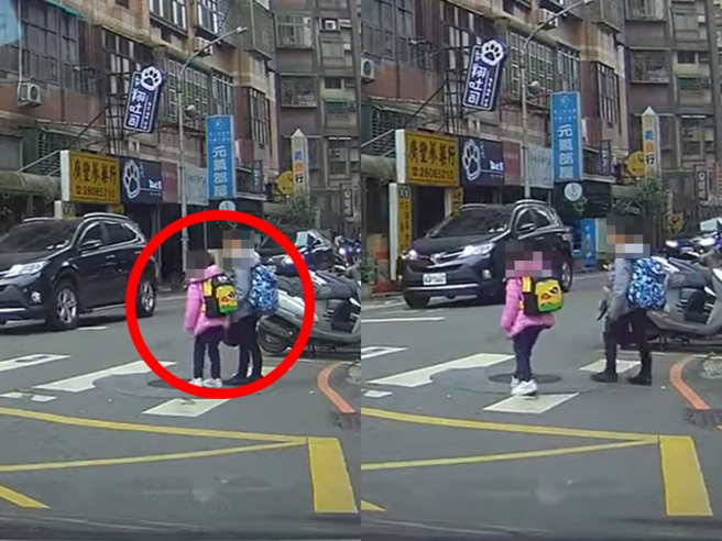 林口一處路口日前發生一對幼童準備過斑馬線時，遭大量左右來車嚇到，退後好幾步不敢往前，最後是一名好心騎士見狀下車幫忙指引。（翻攝自臉書「林口大家庭」）