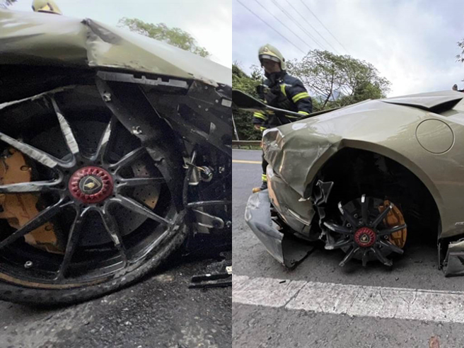 北宜公路36K處一輛藍寶堅尼今（4）發生嚴重自撞，駕駛當時與車友約「晨跑」，疑似為閃躲小貨車，先衝撞護欄後再撞山壁。（翻攝照片）