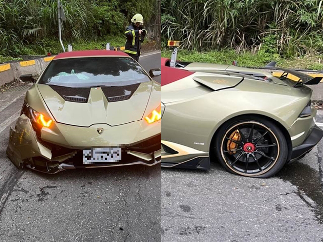 北宜公路36K處一輛藍寶堅尼今（4）發生嚴重自撞，駕駛當時與車友約「晨跑」，疑似為閃躲小貨車，先衝撞護欄後再撞山壁。（翻攝照片）