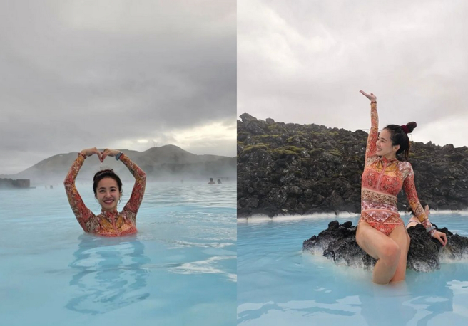 蔡依林在冰岛蓝湖泡温泉，换上设计感十足的泳衣，展现曼妙身材。（图／摘自蔡依林IG）