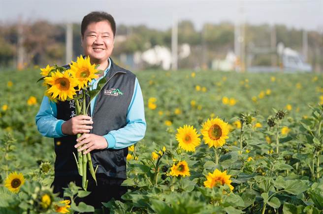 鹿草乡农会总干事陈健平说，农会主动找农民商量，提供向日葵种籽供农民栽种。（严佩瑜提供∕吕妍庭嘉义传真）