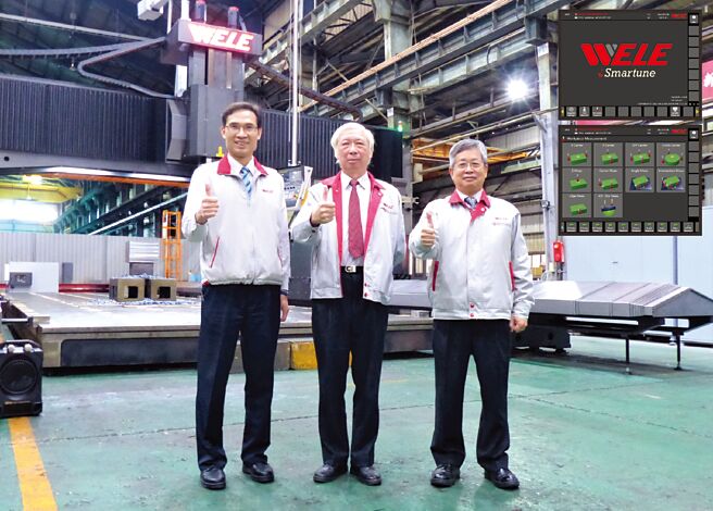 崴立机电董事长关永昌（中）、总经理苏锦添（右）与行销业务部协理徐源相（左）及该公司iSmartune智能系统（右上）。图／业者提供