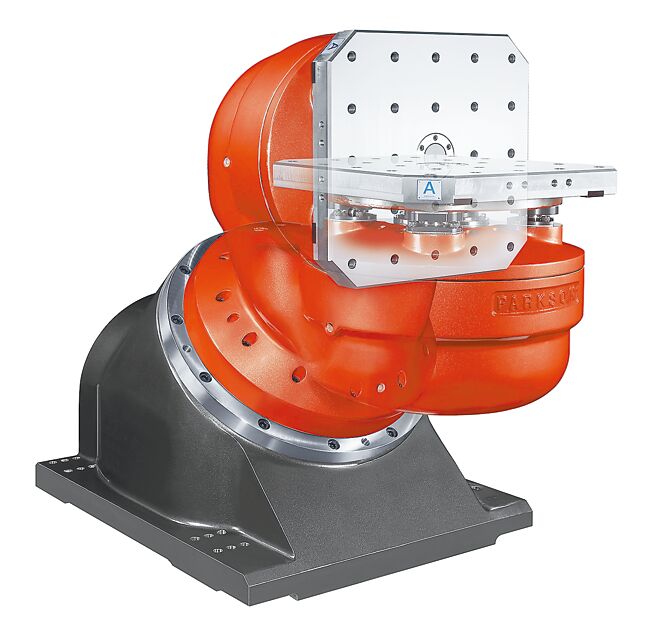 「PARKSON」宝嘉诚于台北TIMTOS展，发表首创开发出的内建类神经传感器五轴立卧式交换旋转工作台。图／宝嘉诚提供