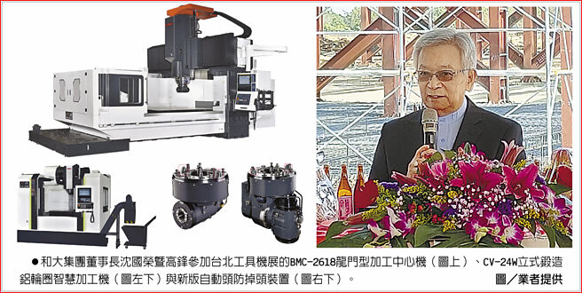 和大集团董事长沈国荣暨高锋参加台北工具机展的BMC-2618龙门型加工中心机（图上）、CV-24W立式锻造铝轮圈智慧加工机（图左下）与新版自动头防掉头装置（图右下）。图／业者提供