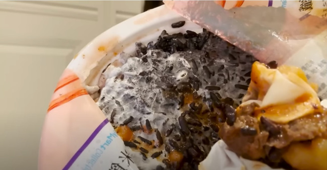 美丽妄娜晒出发霉的紫米饭。（图／美丽妄娜Youtube）