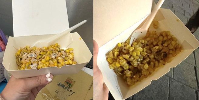 一名女網友去士林夜市買了「玉米瀑布」，沒想到結帳後打開餐盒一看瞬間傻眼。（圖／爆怨公社）
