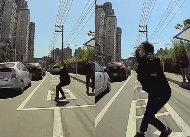 一名騎士行經新北市八里區龍米路上，沒想到遇到1名小女孩衝到車道上要搭公車，2人差點撞在一起。（翻攝自臉書社團八里/網友J先生授權提供）