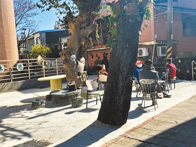 八德衛生所旁的健康休憩區是不少附近居民閒話家常的好去處，一旁的樹木卻被水泥封住樹根。（陳夢茹攝）