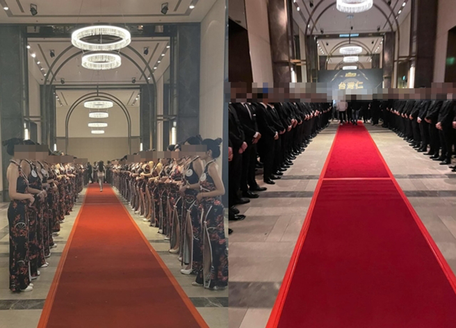 明仁会大阵仗办春酒，旗袍辣妹站在红毯两旁迎宾 (民眾提供)