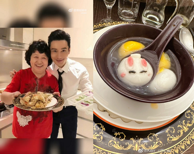 黃曉明與媽媽合照中的盤子，被網友發現與葉珂過年吃家宴的盤子款式相同，瘋猜早已帶她回家見家長。（圖／摘自黃曉明微博、摘自葉珂微博）