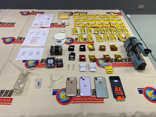 查获之一级毒品海洛因及毒咖啡包等毒品。（基隆市警察局提供／徐佑升基隆传真）