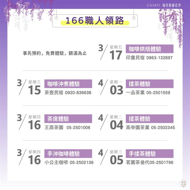 「166职人领路」免费体验活动讯息。（嘉义县政府提供／廖素慧嘉义传真）