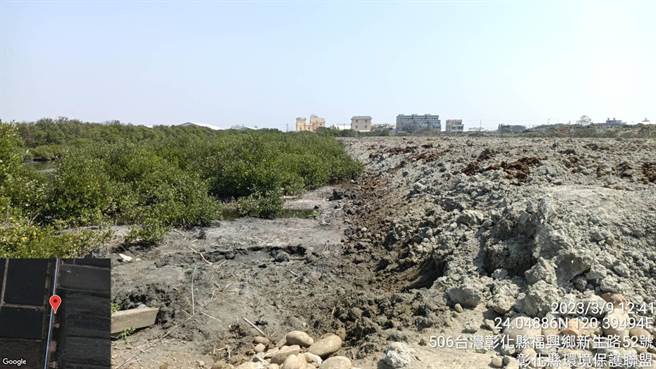 目前正值水鸟繁殖期，她今天到福兴赏鸟，但从赏鸟屋往外看只看得到大量废土，初估面积约7分地左右。(彰化县环保联盟提供／吴建辉彰化传真)