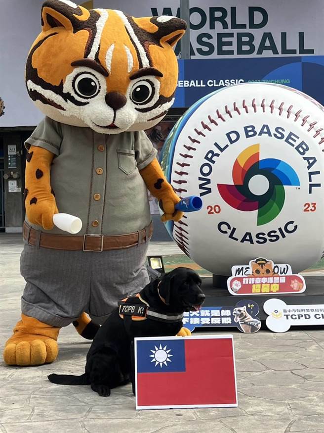 台中市刑大警犬与城市吉祥物石虎家族「虎爸」齐聚洲际棒球场为中华队加油。（台中市警察局提供／张妍溱台中传真）