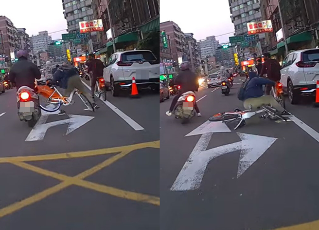 一名機車騎士因被腳踏車「甩尾」掃到機車尾，導致重心不穩慘摔在地。（翻攝自臉書新竹爆料公社）