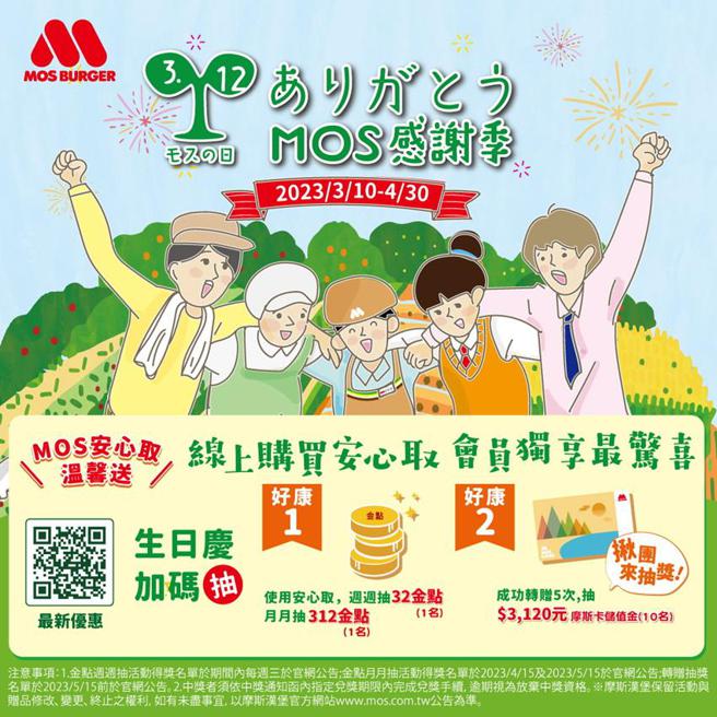 摩斯汉堡32周年庆推出「MOS感谢季」，3月10日起推出三大感恩回馈活动并能参加抽奖。（图／摩斯汉堡提供）