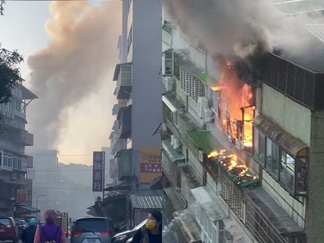 北市信义区今（10）早6时许，在和平东路三段某处巷弄一栋公寓5楼发生火警，猛烈白烟窜天，惊悚火势从屋内蔓延。（翻摄自脸书「信义区两三事」）