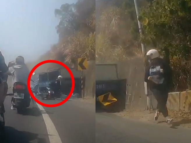 货车过弯时失控暴衝到对向车道，首当其衝的骑士遭撞后送医不治，后方还有一名骑士见货车衝来，直接跳车奔跑到后方才躲过死劫。（翻摄自YouTube频道「WoWtchout - 地图型行车影像分享平台」）