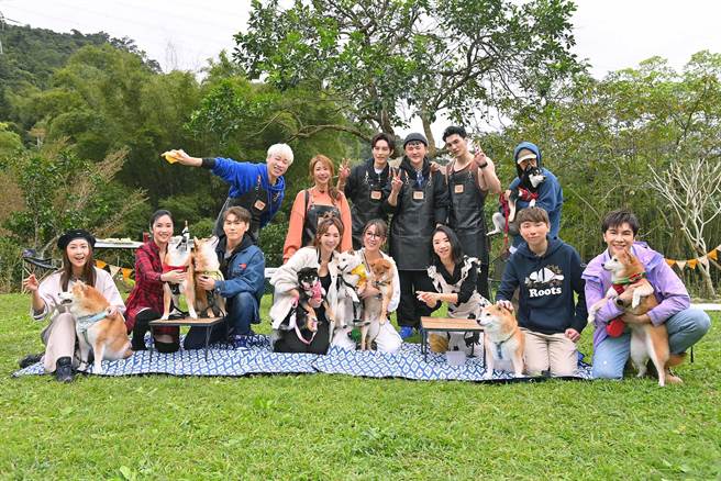 林昀希（前排左起）、李佳玲、毛弟、拐拐、陶晶莹、阿愣、谢佳见、赖晏驹（后排左起）、郭书瑶、曹佑寧、许富凯、黄伟晋参加《哈啰!毛小孩》的柴犬派对。（台视提供）
