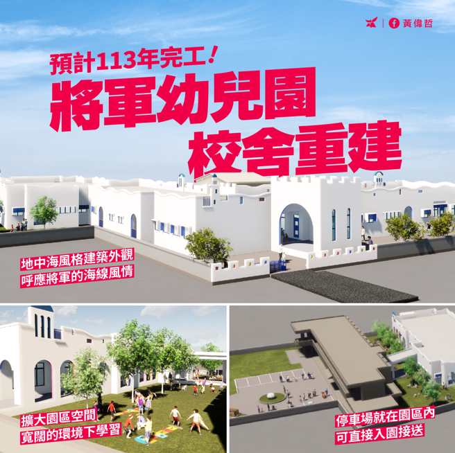 台南市長黃偉哲在臉書上貼出將軍幼兒園重建圖，未來將採「地中海建築風格」重建，呼應將軍區的海線紋理，盼新工程能「讓孩子們在寬闊的環境下學習、遊玩」。(翻攝自黃偉哲臉書)