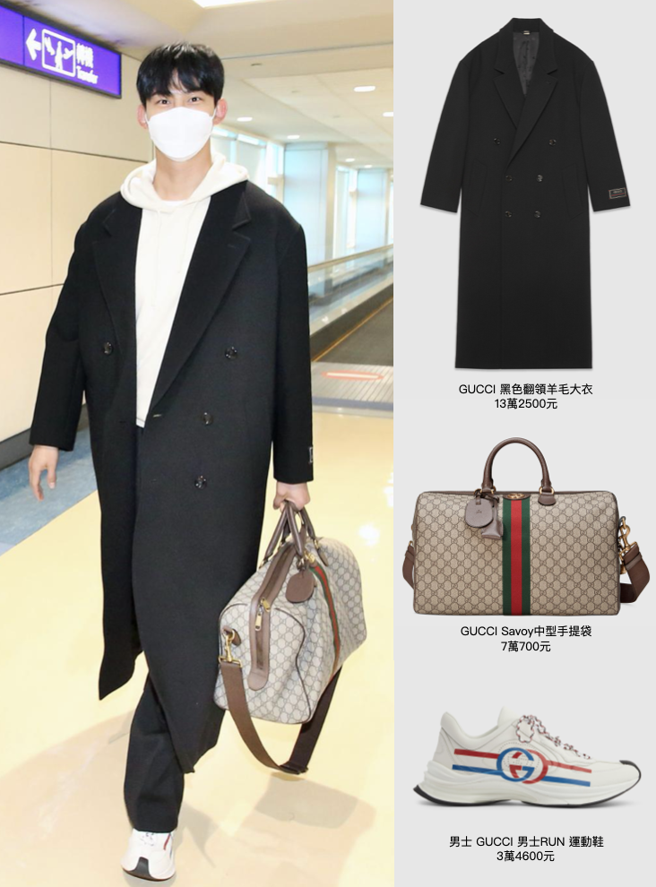 2PM成员玉泽演10日现身于桃园国际机场，时隔四年登台。（范扬光摄、Gucci提供/合成图）