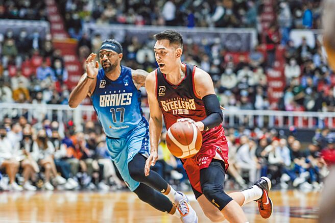 吕政儒（右）昨天投进4颗三分球、贡献16分。（高雄17直播钢铁人提供）