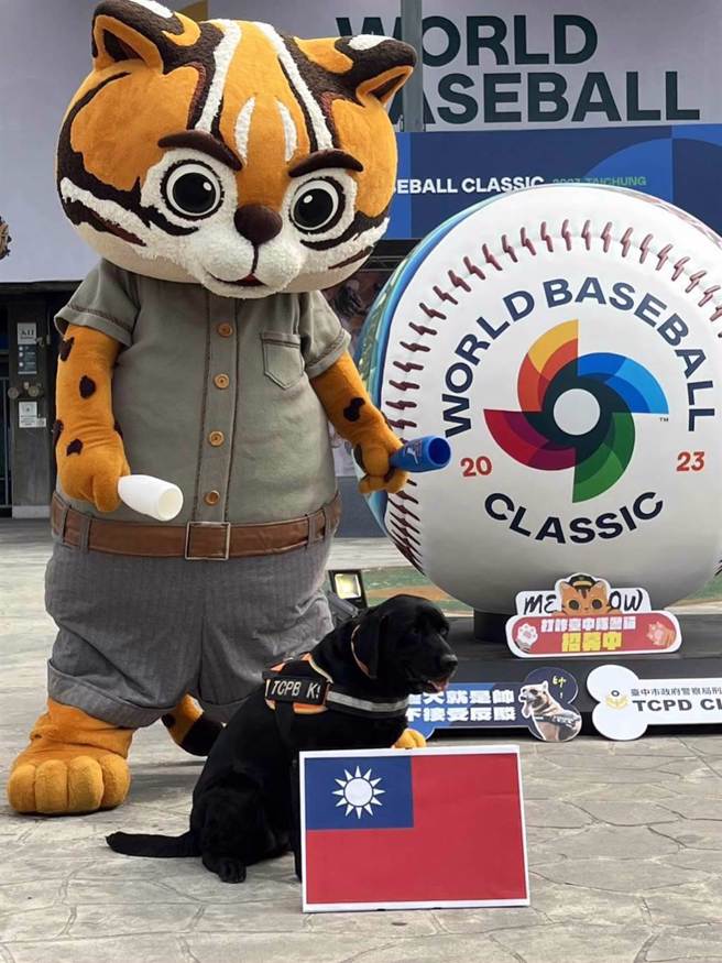 台中市刑大警犬与城市吉祥物石虎家族「虎爸」齐聚洲际棒球场为中华队加油。（台中市警察局提供／张妍溱台中传真）