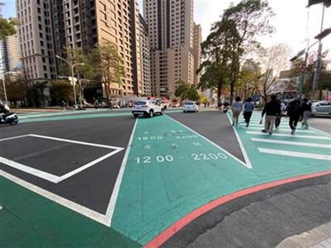 台中市府交通局在人行流量大的路口规画明确区隔车辆与行人通行的行人专用时相，提升行人步行安全。(台中市府提供)