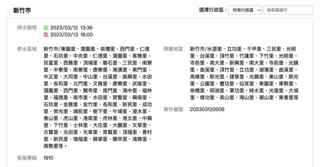 因配合水利署寶二水庫原水管線2000mmSP疑似管線破裂搶修，新竹市多個里自12日13點36分起停水，部分地區降壓，預計到13日晚間18點為止。（截自台灣自來水公司）