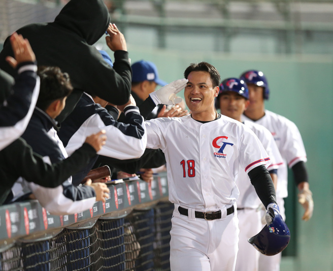 旅美好手张育成招牌敬礼动作搭配打击亮眼表现，让场边台式应援加油团更起劲。（中时资料照／陈怡诚摄）