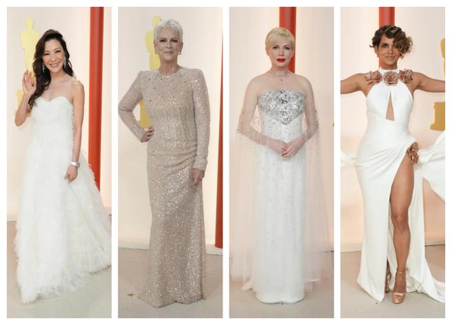 杨紫琼(左）穿DIOR白色羽饰订制礼服，在奥斯卡红毯掀起一波白色时尚。（美联社）