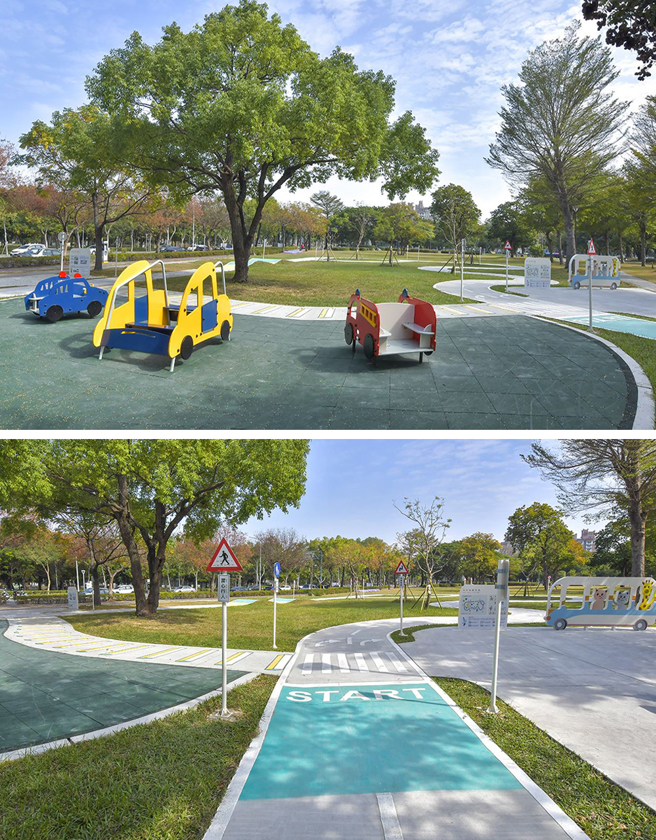 鳳山區新強公園內滑步車練習場，讓孩子從小認識交通安全教育。(圖片提供/高市府工務局養工處）