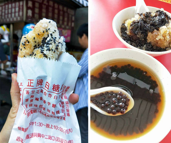 (左)自强路上的正牌白糖粿人气超高，白胖胖的外型让人口水直流。(右)到高雄绝不可错过各种在地美食，Rita特别推荐三凤宫附近的黄家粉圆冰。(图片提供/Rita)