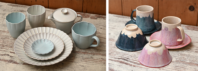 (左)Aito-Hana系列是「坐坐」的經典不敗款，盤緣花瓣造型集中視覺焦點，擺上任何食物看起來都更美味。(右)富士山是每個人對日本最具體的共同印象，此系列採用粉引上釉技法呈現粉臘筆手繪質感，每個作品刷色都有其獨特的樣貌。(攝影/Carter)