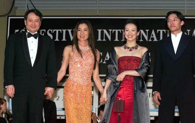 李安（左起）和楊紫瓊、章子怡、張震一起出席坎城影展。（美聯社）