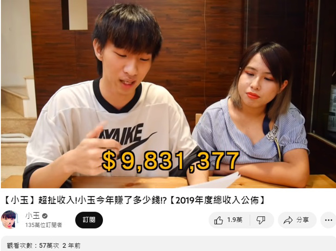 小玉之前公布一年赚9百多万。（图／小玉YouTube）