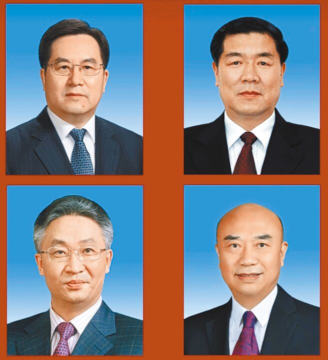 大陆新任常务副总理丁薛祥（左上）与新任副总理何立峰（右上）、张国清（左下）、刘国中（右下）。（新华社）