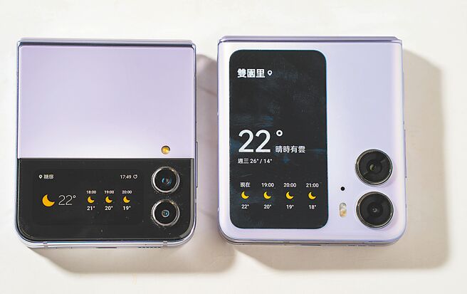三星Galaxy Z Flip4（左）与OPPO Find N2 Flip相比，外萤幕较小，但小工具功能相当，只有在拍照时才有明显使用上的差异。（石智中摄）