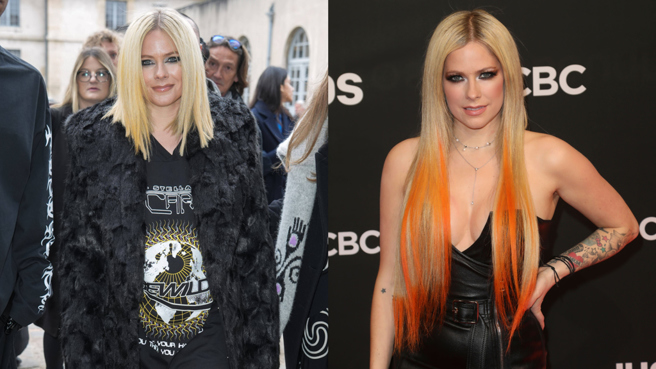 加拿大歌手艾薇儿（Avril Lavigne）在艾诺奖发表得奖感言时突然衝上一名裸着上身的女子。（图／达志影像）