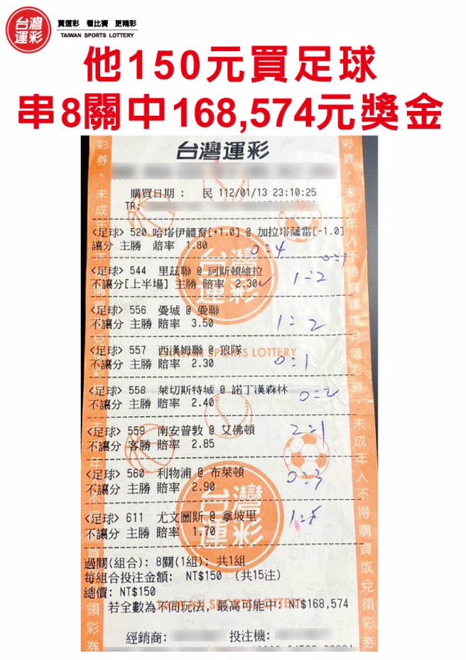 足球串8关150元中奖16万元彩券
