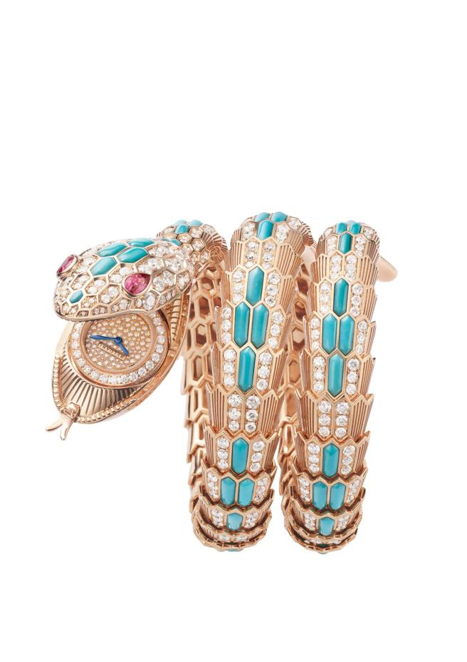 宝格丽Serpenti Misteriosi绿松石钻石神秘珠宝表，去年拿下日内瓦钟表大赏最佳珠宝表奖项。（BVLGARI提供）