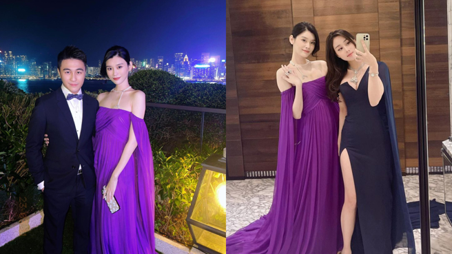 奚梦瑶穿这套紫色裹胸礼服，被猜测是怀孕。(图/奚梦瑶 IG)