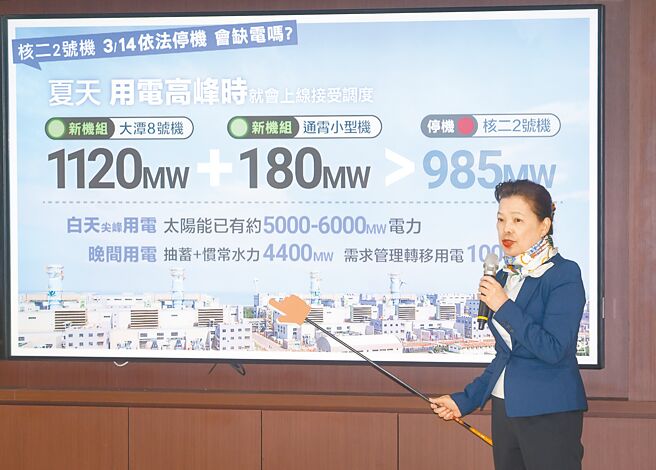 核二2号机将在14日除役，经济部长王美花13日说明核二2号机停机后如何调度电力。（中央社）