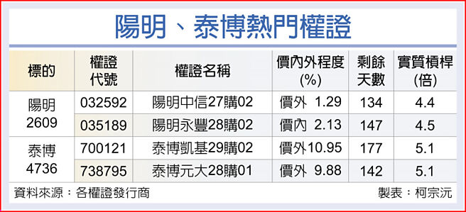 陽明、泰博熱門權證