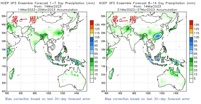 郑明典表示，第二周（21至27日）华南春雨讯号明显，但是台湾这一侧不确定性高。（翻摄自郑明典脸书／图片来源Climate Prediction Center）
