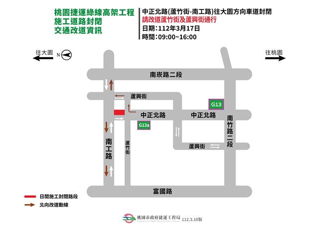桃园捷运工程局订3月17日上午9时至下午4时，封闭中正北路（芦竹街-南工路路段）往大园方向。（捷工局提供／蔡依珍桃园传真）