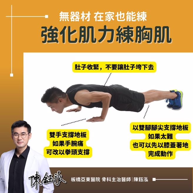 陈钰泓表示，伏地挺身有助身材与健康，但若动作错误会有受伤风险，因此他提供5个小细节。（图／陈钰泓授权提供）