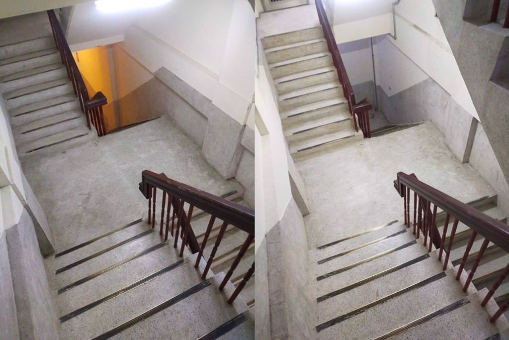 網友在某棟大樓發現奇特的「雙樓梯」設計，原來背後有特別用途。（圖／劉姓網友提供）
