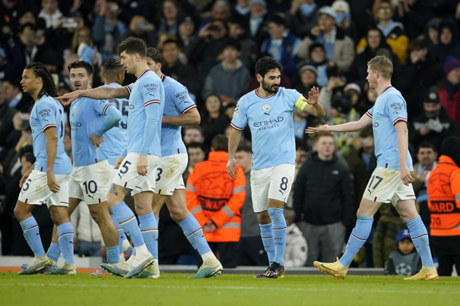 曼城球员庆祝得分。（美联社资料照）