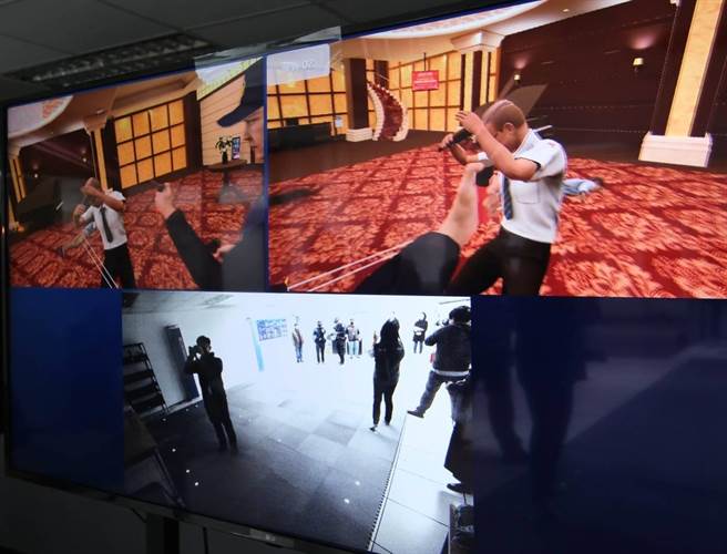 智慧XR（延展实境）警勤训练系统可真实呈现距离感，相当逼真。(翻摄照片／林郁平台北传真）